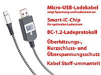 revolt Micro-USB-Ladekabel mit Smart-IC-Chip und LCD-Spannungsanzeige; Mehrfach-USB-Netzteile mit Spannungsanzeigen Mehrfach-USB-Netzteile mit Spannungsanzeigen 