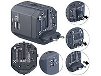 revolt 3in1-Universal-Welt-Reisestecker mit 2 USB-Ladeports, 2,5 A, 12,5 Watt; Mehrfach-USB-Netzteile für Steckdose 