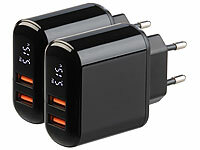 revolt 2er-Set 2-Port-USB-Netzteile, 2x USB-A, QC & Display, 18W, schwarz; Mehrfach-USB-Netzteile für Steckdose Mehrfach-USB-Netzteile für Steckdose 