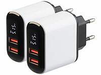 revolt 2er-Set 2-Port-USB-Netzteile mit 2x USB-A, QC und Display, 18W, weiß