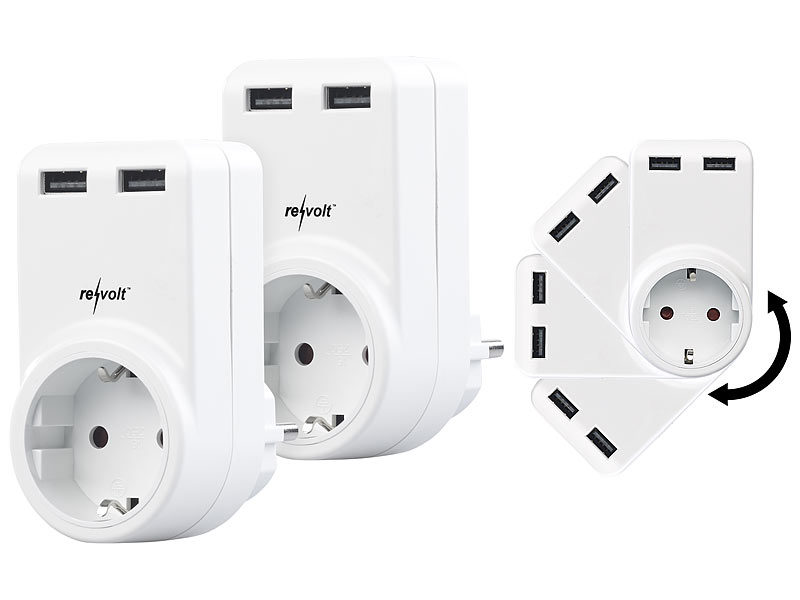 revolt 2er-Set Steckdosen mit 360° drehbarem Doppel-USB-Netzteil, 3,4 A /17  W