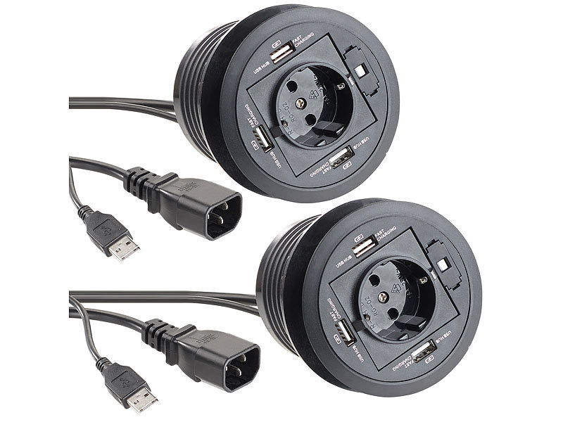 revolt 2er-Set aktive 3-fach-USB-2.0-Hubs für Tisch-Einbau