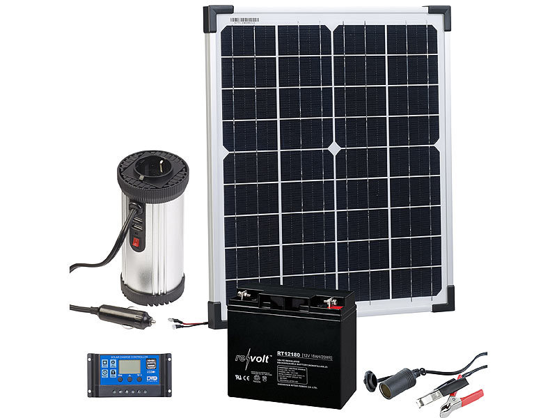 revolt Solarpanel (20 W) mit Akku, Laderegler und 230-V-Wandler