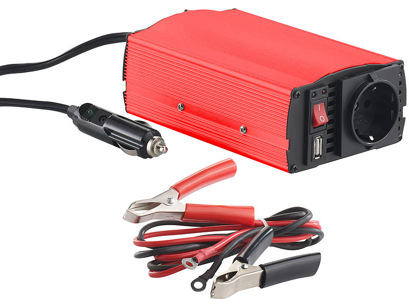 revolt Kfz-Spannungswandler 300 W, 230 V AC, 5 V USB, Peakpower 600 W