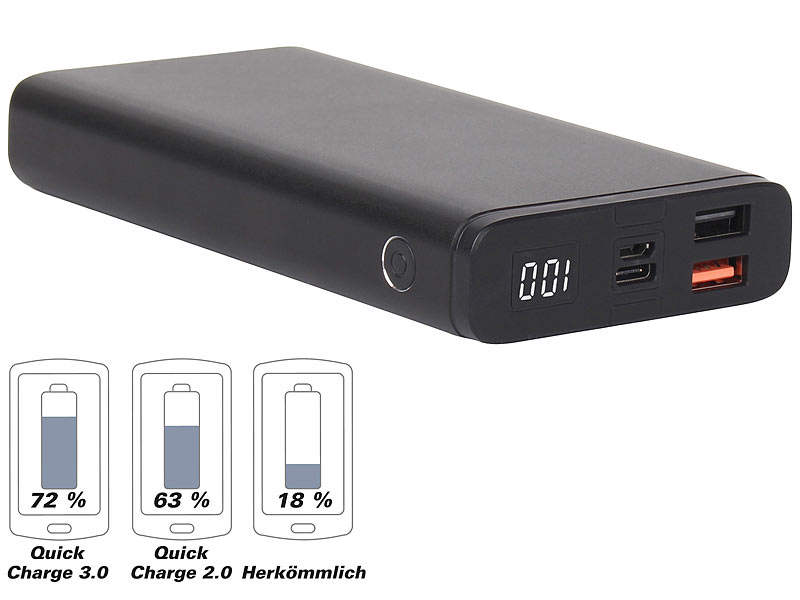 revolt Powerbank mit Quick Charge 3.0 und USB Typ C PD, 20.000 mAh, 3 A, 18  W