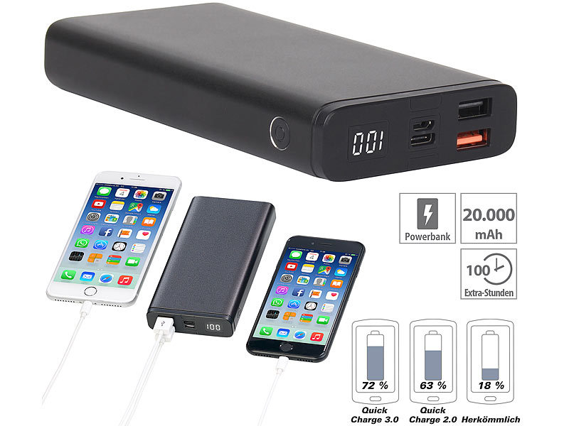 revolt Powerbank mit Quick Charge 3.0 und USB Typ C PD, 20.000 mAh, 3 A, 18  W