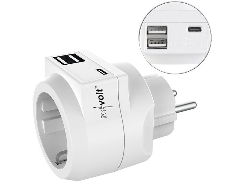 Doppel-Einbausteckdose 230V Schuko + 2 x USB, 2,1A, weiß