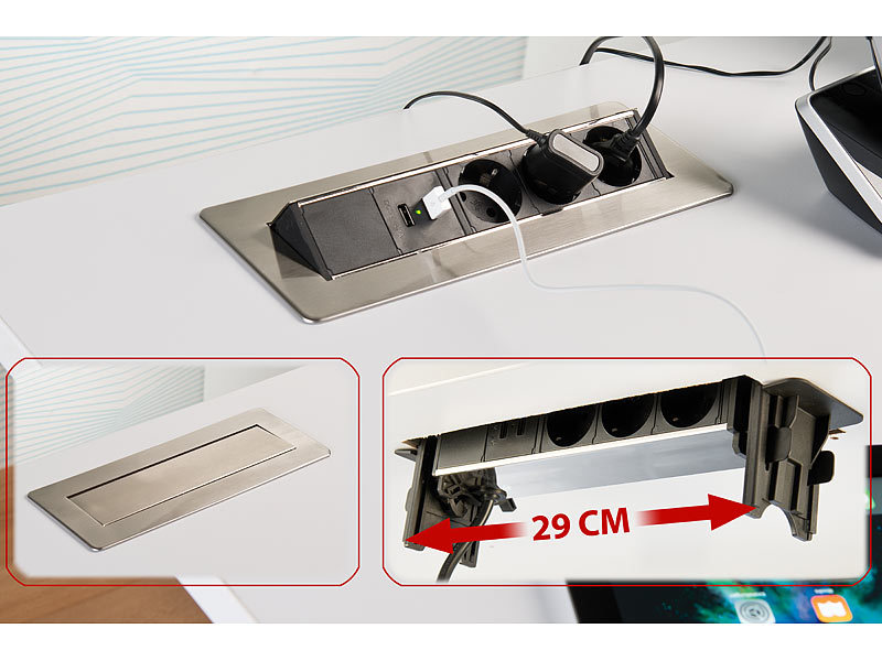 revolt Tischsteckdose Küche: Versenkbare 3-fach Einbau-Tischsteckdose, USB-C,  PD & QC 3.0, schwarz (Schreibtisch Steckdose USB-c)