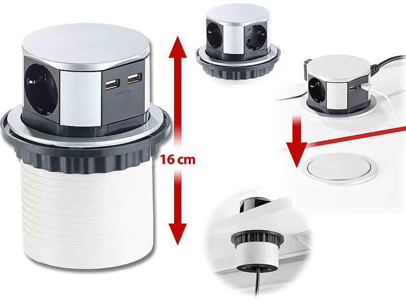 revolt Steckdosen versenkbar: Versenkbare 3-fach Einbau-Tischsteckdose, USB- C, PD & QC 3.0, silber (USB Hub Tisch)