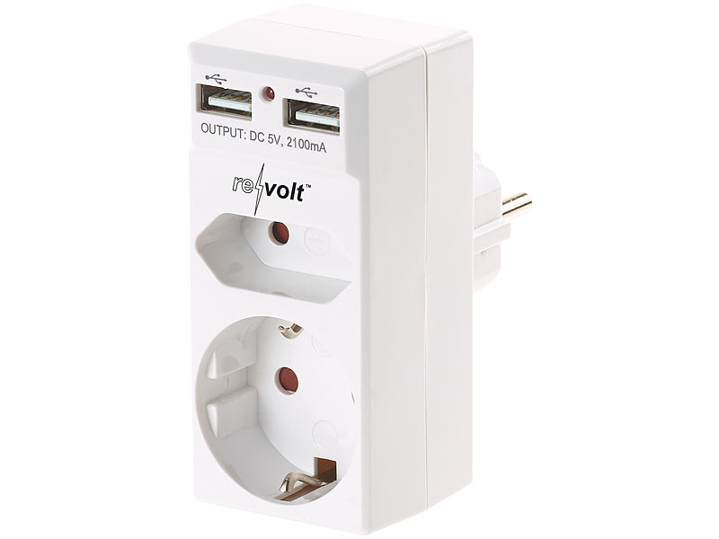 revolt 2er-Set 2-fach-Steckdosen und 2-fach-USB-Netzteile, 2,1 Ampere