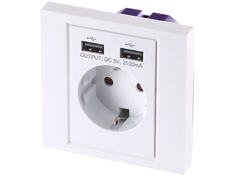 revolt 2in1-Unterputz-Steckdose mit 2-fach-USB-Netzteil, 2,1 Ampere