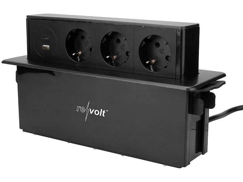 revolt Versenkbare 3-fach Einbau-Tischsteckdose, USB-C, PD & QC 3.0, schwarz