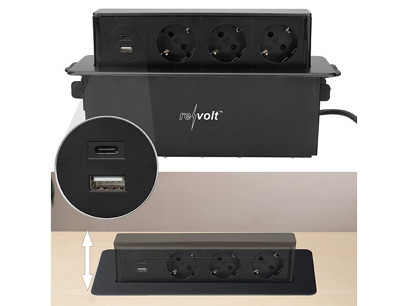 revolt Versenkbare 3-fach Einbau-Tischsteckdose, USB-C, PD & QC