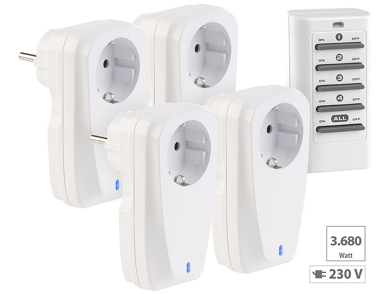 revolt 4er-Set Funksteckdosen mit Fernbedienung, bis 16 A, 3.680 Watt