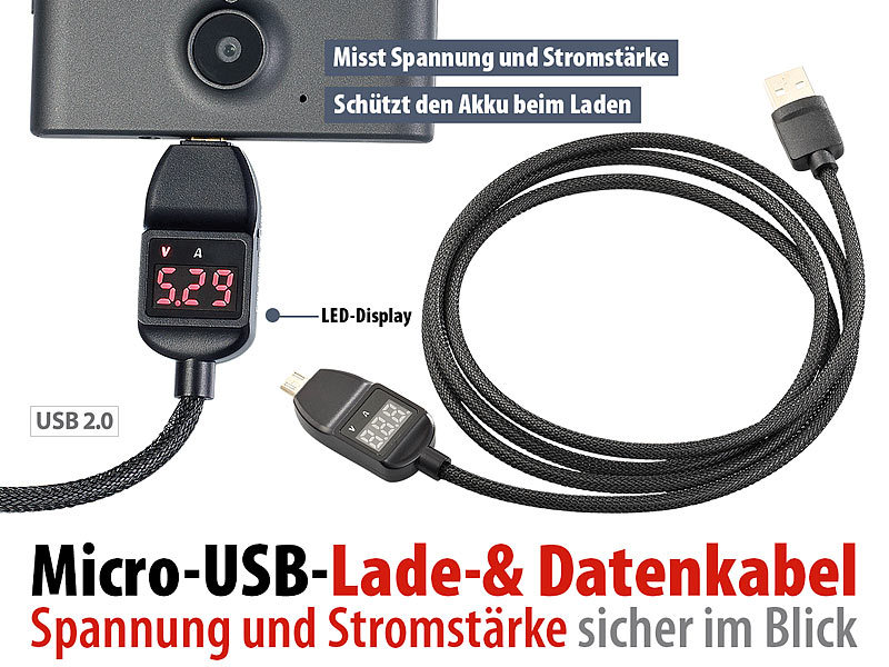 ; Adapter-Kabel Micro-USB auf USB Typ A mit Spannungs-Anzeige Adapter-Kabel Micro-USB auf USB Typ A mit Spannungs-Anzeige 