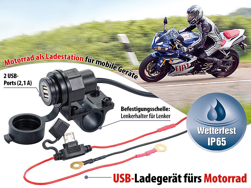 revolt USB-Ladegerät für Motorrad, 12 / 24 V, 2,1 A