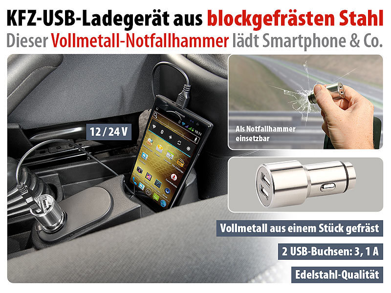 revolt Kfz-USB-Ladegerät aus blockgefrästem Edelstahl, 12 /24 V, 3,1 A