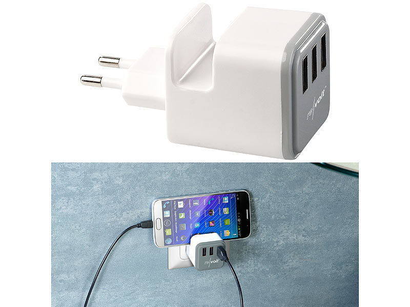 revolt Ladegerät Handy: Steckdose mit Doppel-USB-Netzteil &  Smartphone-Ablage, 3,4 A/ 17 Watt (USB-Ladestation Steckdose)