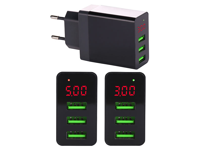 revolt 2er-Set Intelligentes 3-Port-USB-Wandnetzteil mit LED-Display, 15,5 W