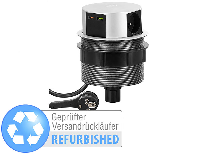 revolt Versenkbare 3-fach Einbau-Tischsteckdose, USB-C, PD & QC 3.0, silber