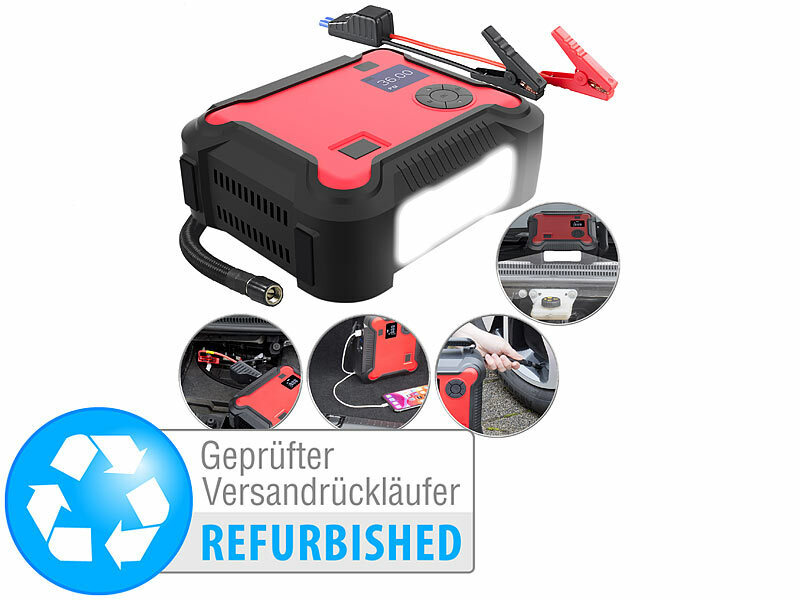 revolt Autostarter Powerbank: 5in1-Starthilfe-Powerbank, Kompressor, USB,  12V, 20 Ah, 1000A, 150 psi (Auto Starthilfe mit Kompressor, Starthilfe Auto  Powerbank, Batteri Ladegerät Starter) : : Auto & Motorrad