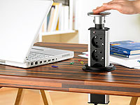 revolt Versenkbare Tisch-3-fach-Steckdosenleiste im Alu-Gehäuse, Ø 78 mm; USB-Steckdosen USB-Steckdosen USB-Steckdosen 