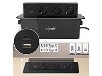 revolt Versenkbare 3-fach Einbau-Tischsteckdose, USB-C, PD & QC 3.0, schwarz; USB-Steckdosen 