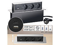 revolt Versenkbare 3-fach Einbau-Tischsteckdose, USB-C, PD & QC 3.0, silber; USB-Steckdosen USB-Steckdosen 