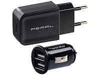 revolt USB-Ladeset mit 230-V-Netzteil (2 A) & 2-Port-Kfz-Ladegerät (2,1 A); Lade-Reiseadapter für USB-Mobilgeräte 