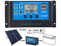 revolt Solar-Laderegler für 12/24-V-Akkus, PWM-Lademodus, 2 USB-Ports, 30 A; 2in1-Solar-Generatoren & Powerbanks, mit externer Solarzelle 