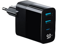 revolt 30 W 3-Port-USB-Netzteil, USB-C & 2x Typ A, Display, PD Power Delivery; Mehrfach-USB-Netzteile für Steckdose 