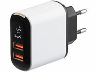 revolt 2-Port-USB-Netzteil mit 2x USB-A, Quick Charge und Display, 18W, weiß; Mehrfach-USB-Netzteile für Steckdose Mehrfach-USB-Netzteile für Steckdose 