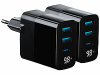 revolt 2er-Set 30W 3-Port-USB-Netzteile, USB-C & 2x Typ A, Display, PD