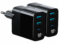 revolt 2er-Set 30W 3-Port-USB-Netzteile, USB-C & 2x Typ A, Display, PD; USB-Powerbanks kompakt USB-Powerbanks kompakt USB-Powerbanks kompakt 