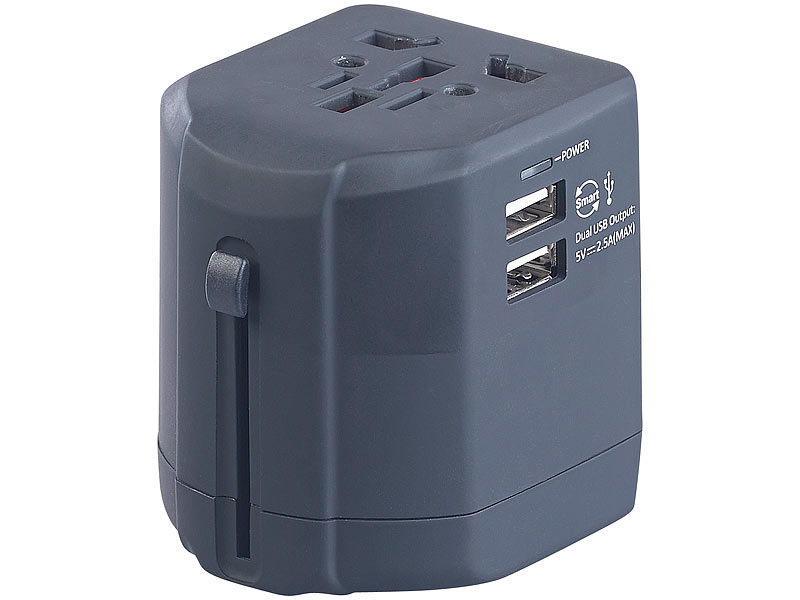 revolt 3in1-Universal-Welt-Reisestecker mit 2 USB-Ladeports, 2,5 A, 12,5  Watt