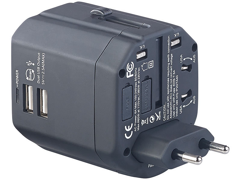 revolt 3in1-Universal-Welt-Reisestecker mit 2 USB-Ladeports, 2,5 A, 12,5  Watt