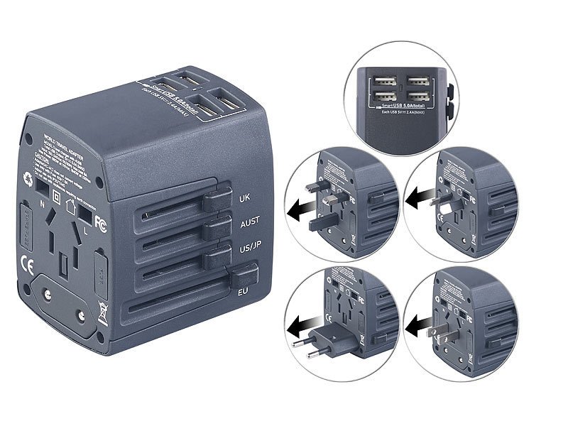 revolt 3in1-Universal-Welt-Reisestecker mit 4 USB-Ladeports, 5 A, 25 Watt