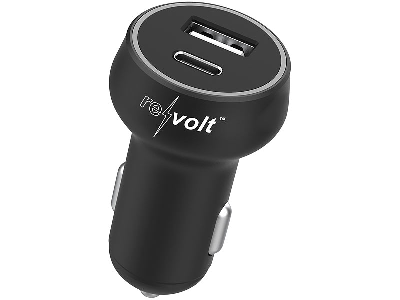 revolt Kfz-USB-Ladegerät mit USB Typ A & C, PD bis 20 W, QC 3.0, 12/24 V, 3  A