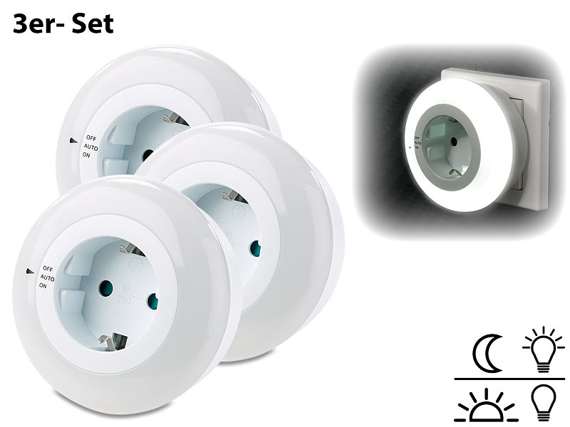 3X LED Nachtlicht Weiß Mit Dämmerungssensor Lampe Leuchte Für Steckdose Sensor 
