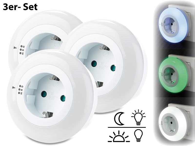 revolt LED-Nachtlicht mit Dämmerungssensor und Steckdose, 3 Farben, 3er-Set