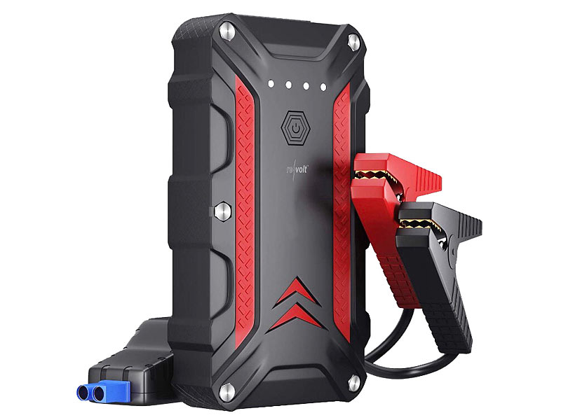 revolt Pkw Starthilfe: 4in1-Starthilfe-Powerbank, Kompressor, USB, 16 Ah,  1200A, 150 psi (Pumpe)