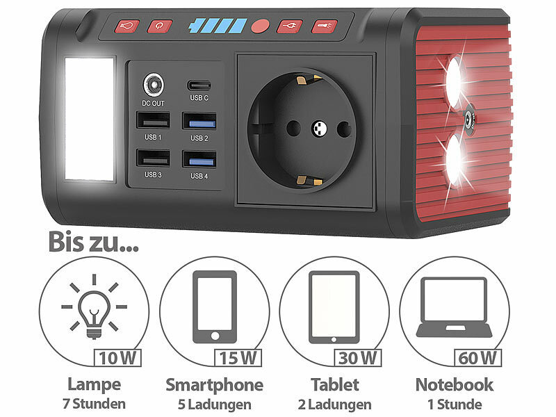 revolt Mini-Powerstation & Solar-Generator, 88,8 Wh, 12/230V, USB, LED, 120  W