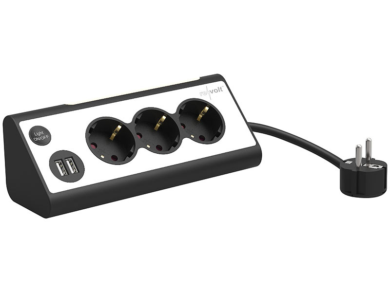 revolt 3-fach-Eck-Steckdosenleiste mit 2 USB-Lade-Ports und LED-Nachtlicht