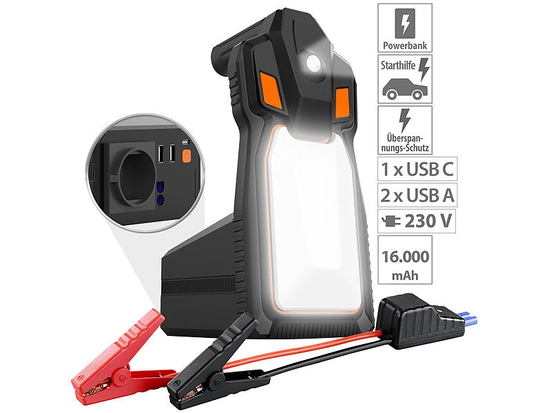 revolt 4in1-Kfz-Starthilfe & Powerbank, 16 Ah, 1.200A, 230 V bis