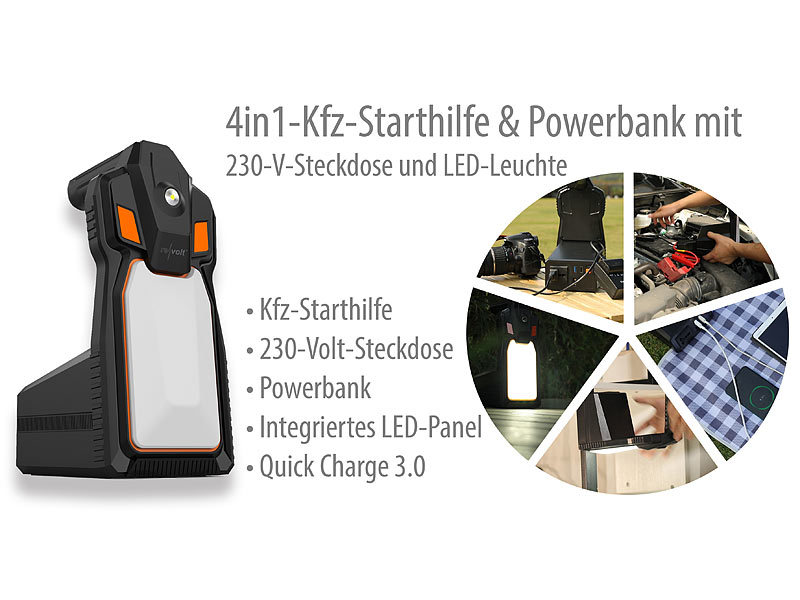 revolt Auto Starthilfe: 4in1-Kfz-Starthilfe & Powerbank, 16 Ah