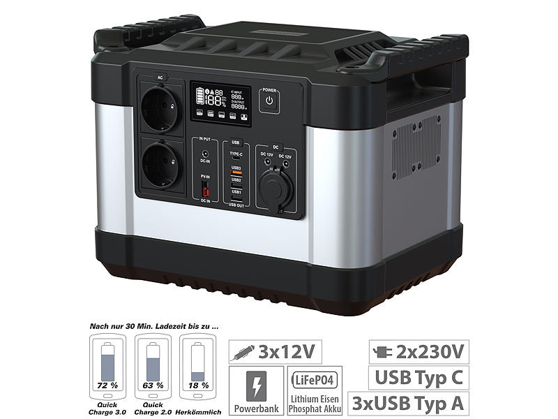 revolt Powerstation & Solar-Generator mit 1120 Wh, 2x 230 V, 12 V, 1.000 W