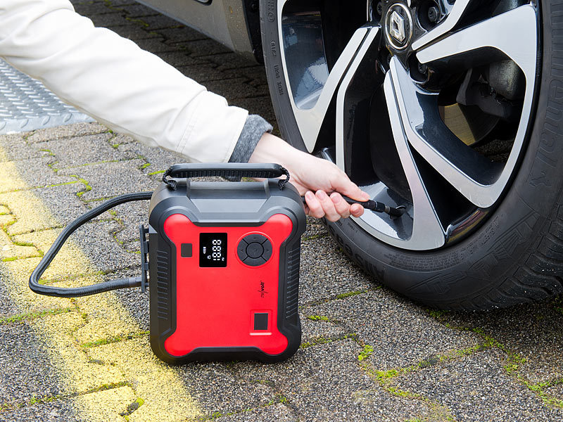 Shkalacar Starthilfe Powerbank mit Luftkompressor, Auto 8000mAh Batterie  Booster mit 150 PSI Digitalem Reifenfüller, LED Licht,Dual USB Ausgang, für  5L Benzin oder 3L Dieselmotoren(Normaler Clip) : : Auto & Motorrad