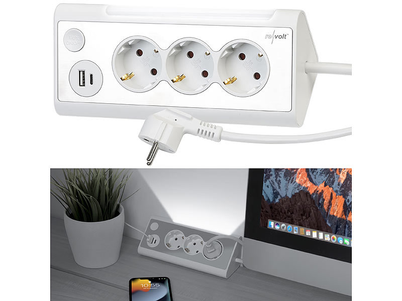 revolt 3-fach-Steckdose mit LED-Nachtlicht, 1x USB A QC, 1x USB C PD, weiß