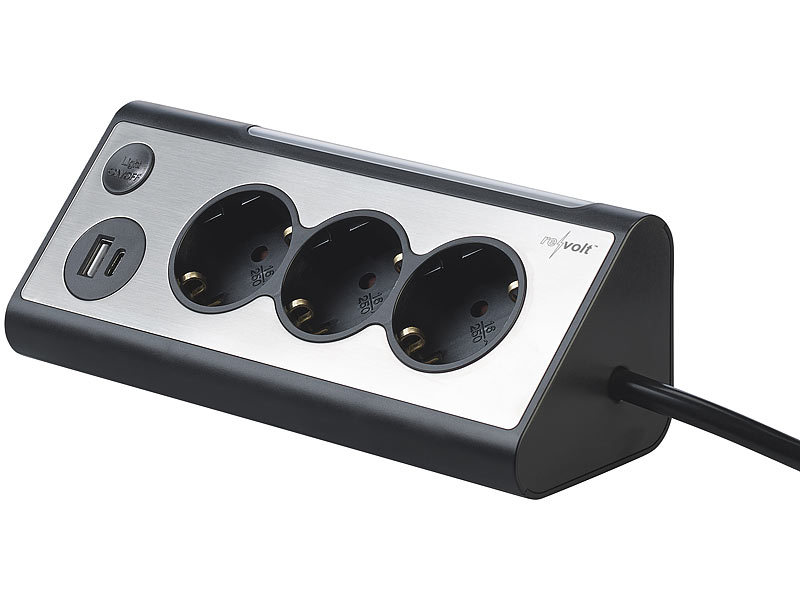 revolt 3-fach-Eck-Steckdosenleiste mit 2 USB-Lade-Ports und LED-Nachtlicht