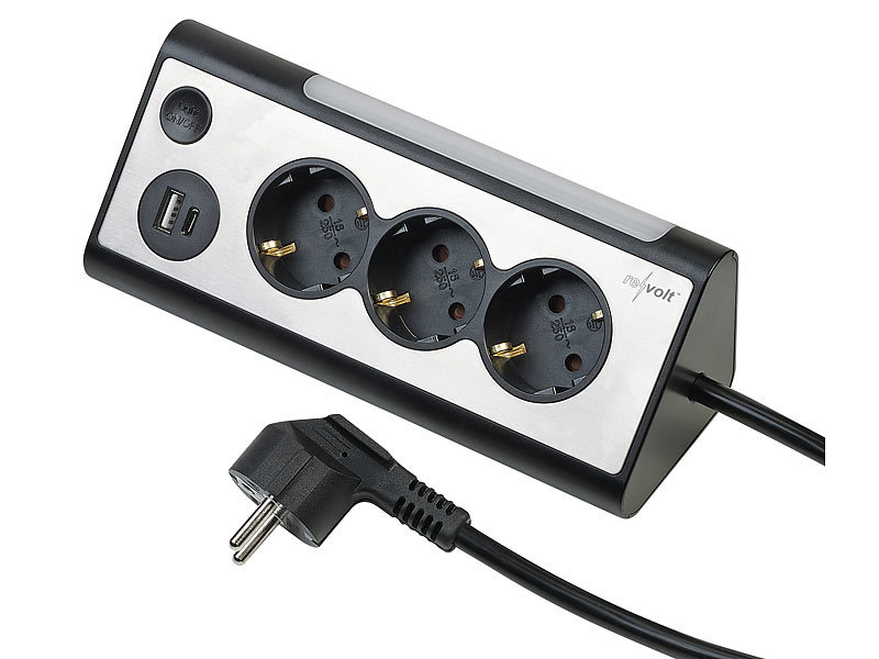 revolt 2er-Set 3-fach-Eck-Steckdosenleiste mit 2 USB-Lade-Ports & Nachtlicht